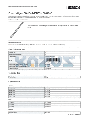 0201595 datasheet - Cross connection rail, for fixed bridging of identical inputs and outputs, made of Cu, nickel-plated, 1 m long