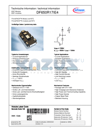 DF650R17IE4 datasheet - PrimePACK2 Modul und NTC