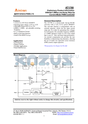 AT1780 datasheet - 640kHz/1.2MHz,Low-Noise Step-Up Current-Mode PWM Controller