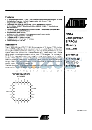 AT17C010-10JI datasheet - FPGA Configuration E2PROM Memory