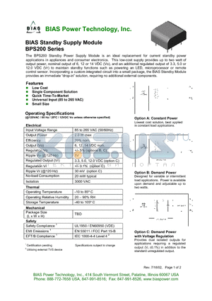 BPS200 datasheet - Standby Supply Module