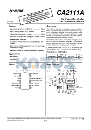 CA2111AE datasheet - FM IF Amplifier-Limiter and Quadrature Detector