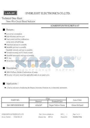 A264B-SYG-S530-E2-R datasheet - 5mm 1Pcs Circuit Board Indicator