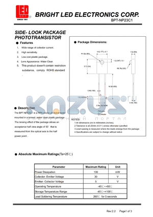 BPT-NP23C1 datasheet - SIDE- LOOK PACKAGE PHOTOTRANSISTOR