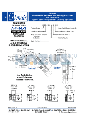 390FP062M10 datasheet - Submersible EMI/RFI Cable Sealing Backshell with Strain Relief