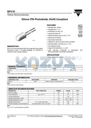 BPV10 datasheet - Silicon PIN Photodiode, RoHS Compliant