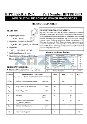 BPT1819E03 datasheet - High Performance Silicon Bipolar Transistor Intended