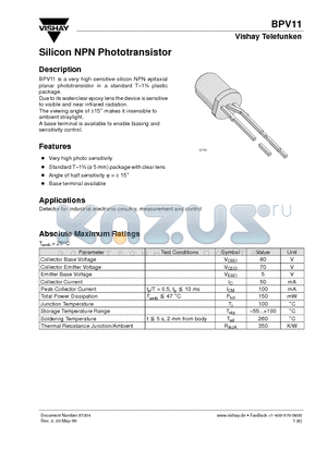 BPV11 datasheet - Silicon NPN Phototransistor