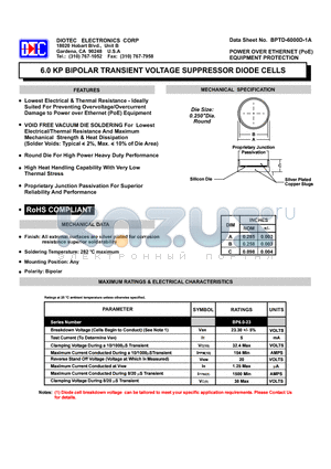 BPTD-6000D-1A datasheet - 6.0 KP BIPOLAR TRANSIENT VOLTAGE SUPPRESSOR DIODE CELLS