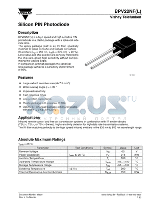 BPV22 datasheet - Silicon PIN Photodiode