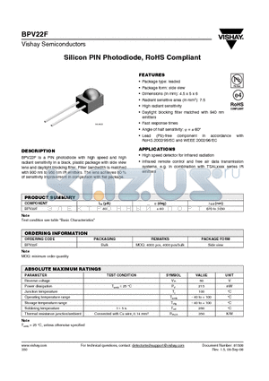 BPV22F datasheet - Silicon PIN Photodiode, RoHS Compliant