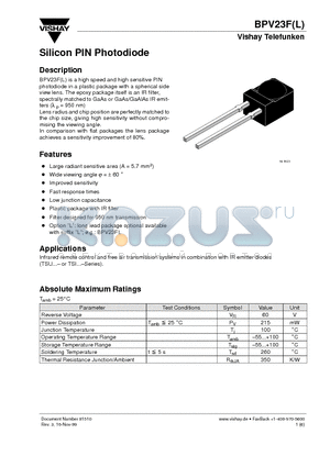 BPV23 datasheet - Silicon PIN Photodiode