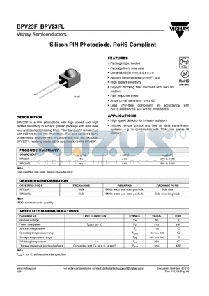 BPV23F datasheet - Silicon PIN Photodiode, RoHS Compliant