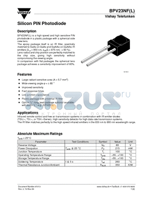 BPV23NF datasheet - Silicon PIN Photodiode