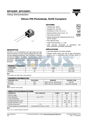 BPV23NF datasheet - Silicon PIN Photodiode, RoHS Compliant