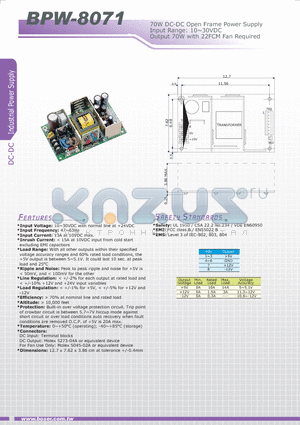 BPW-8071 datasheet - 70W DC-DC Open Frame Power Supply Input Range: 10~30VDC Output 70W with 22FCM Fan Required