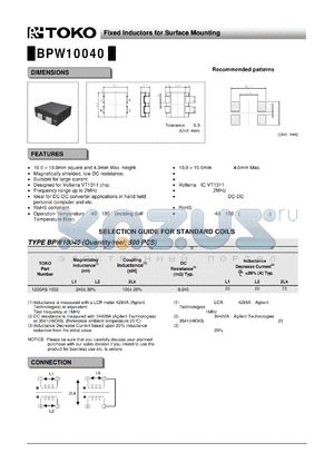 BPW10040 datasheet - Fixed Inductors for Surface Mounting