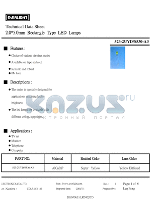 523-2UYD/S530-A3 datasheet - 2.0*5.0mm Rectangle Type LED Lamps