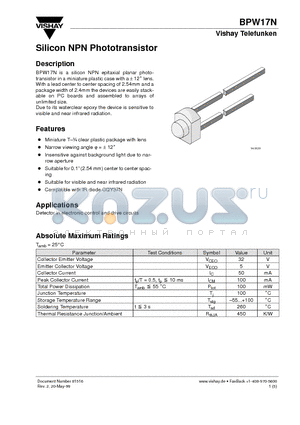 BPW17N datasheet - Silicon NPN Phototransistor