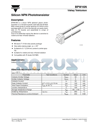 BPW16 datasheet - Silicon NPN Phototransistor