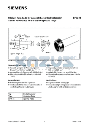 BPW21 datasheet - Silicon Photodiode for the visible spectral range