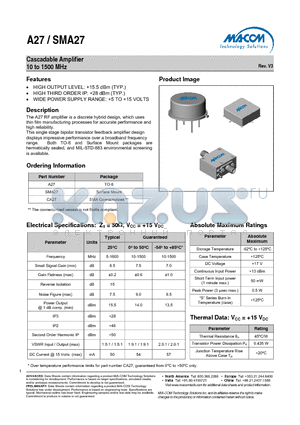 A27 datasheet - Cascadable Amplifier 10 to 1500 MHz