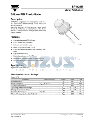 BPW24R datasheet - Silicon PIN Photodiode