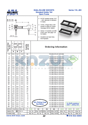 110-13-308-41-001000 datasheet - DUAL-IN-LINE SOCKETS Standard Solder Tail Open Frame