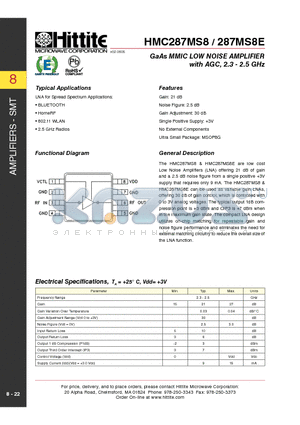 287MS8E datasheet - GaAs MMIC LOW NOISE AMPLIFIER with AGC, 2.3 - 2.5 GHz