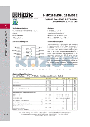 288MS8E datasheet - 2 dB LSB GaAs MMIC 3-BIT DIGITAL ATTENUATOR, 0.7 - 3.7 GHz