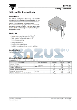 BPW34 datasheet - Silicon PIN Photodiode