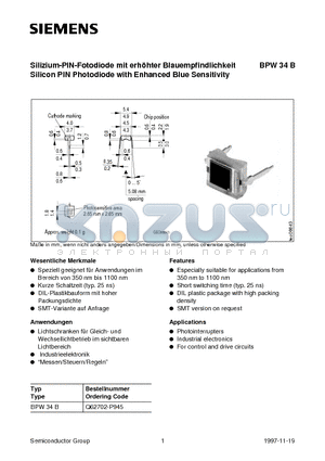 BPW34B datasheet - Silicon PIN Photodiode with Enhanced Blue Sensitivity