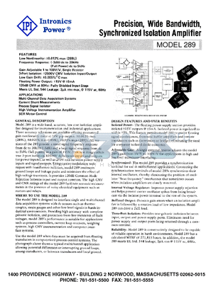 289 datasheet - Precision, Wide Bandwidth, Synchronized Isolation Amplifier