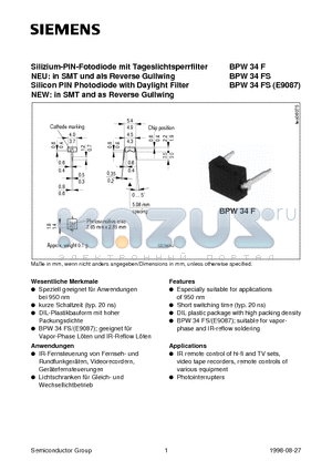 BPW34FS datasheet - Silizium-PIN-Fotodiode mit Tageslichtsperrfilter