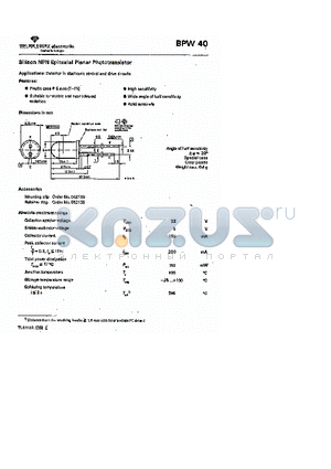 BPW40 datasheet - SILICON NPN EPITAXIAL PHOTOTRANSISTOR