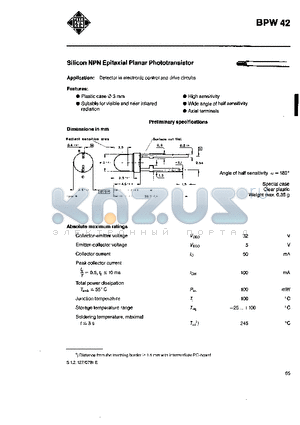 BPW42 datasheet - Slicon NPN Epitaxial Planar Phototransistor