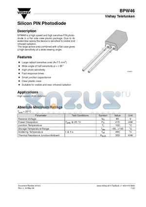 BPW46 datasheet - Silicon PIN Photodiode