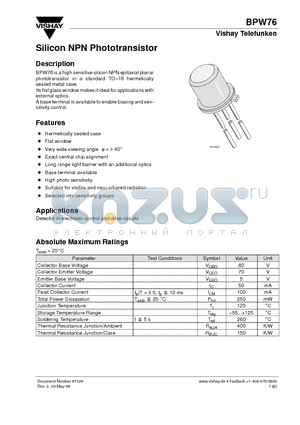 BPW76 datasheet - Silicon NPN Phototransistor