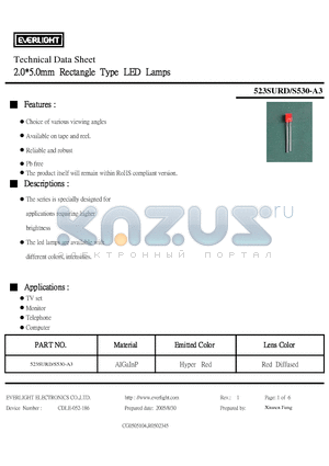 523SURD-S530-A3 datasheet - 2.0*5.0mm Rectangle Type LED Lamps