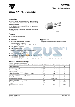 BPW76A datasheet - Silicon NPN Phototransistor