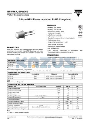 BPW76A datasheet - Silicon NPN Phototransistor