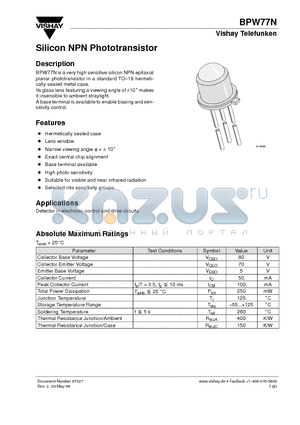 BPW77NA datasheet - Silicon NPN Phototransistor