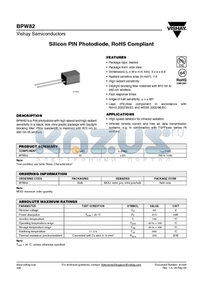 BPW82 datasheet - Silicon PIN Photodiode