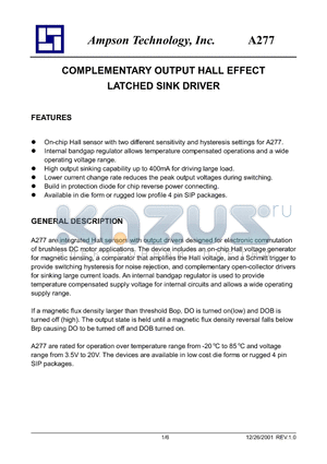A277 datasheet - COMPLEMENTARY OUTPUT HALL EFFECT LATCHED SINK DRIVER