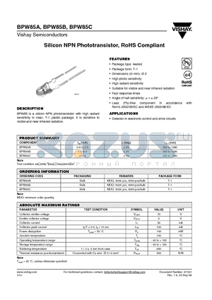 BPW85C datasheet - Silicon NPN Phototransistor