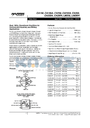 CA258A datasheet - DUAL, 1MHz OPERATIONAL AMPLIFIERS FOR COMMERCIAL INDUSTRIAL, AND MILITARY APPLICATION