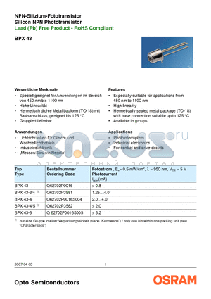 BPX38_99 datasheet - Lead (Pb) Free Product - RoHS Compliant