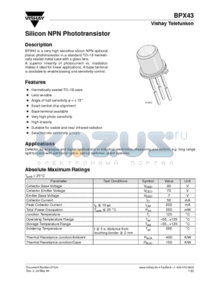 BPX43 datasheet - Silicon NPN Phototransistor