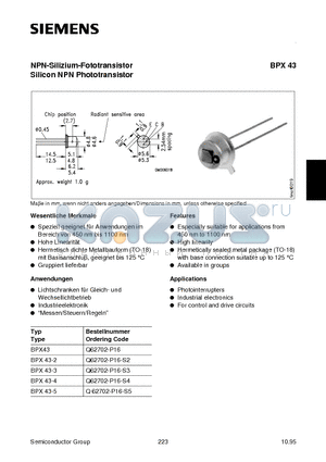 BPX43 datasheet - NPN-Silizium-Fototransistor Silicon NPN Phototransistor