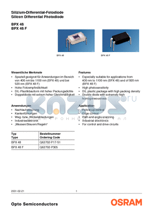 BPX48 datasheet - Silizium-Differential-Fotodiode Silicon Differential Photodiode